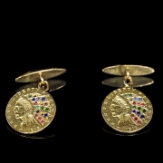 Gemelos de oro de 18 kt con monedas estadounidenses y gemas de colores