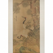 Chinese painting “Longevity, the crane, and the pine tree,” signed Tao Cheng