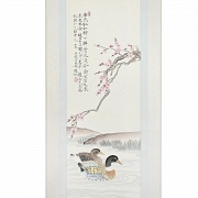 Chinese painting “Pair of ducks under a blossoming plum tree,” signed Yu Fei'an