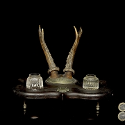 Victorian writing desk made of wood and stag antler - 6