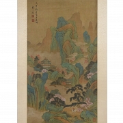 Pintura china “Pueblo entre montañas”, con firma Li Shida