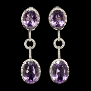 Pendientes largos de oro blanco 18k, amatistas y diamantes