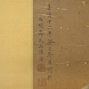 Pintura china “Patos mandarines bajo ciruelo en flor”, con firma Lu Zhi