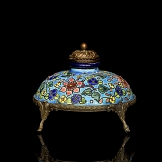 Longwy, bronze and glazed ceramic inkwell, 20th century
