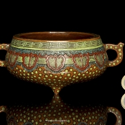 Polychrome ceramic incense burner, ‘Leaves,’ with Qianlong seal