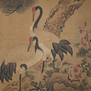Chinese painting ‘Cranes with Flowers and Pine Tree’, signed Zhou Zhimian
