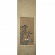 Chinese painting ‘Cranes under a pine tree’, signed Zhang Weibang
