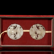 Pair of white jade pendants, ‘Characters with lotus’, Qing dynasty
