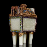 Incensario de jade blanco Hetian, plata y esmaltes, dinastía Qing