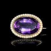 Broche de oro de 14 k con amatista y perlas, estilo Victoriano