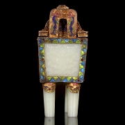 Incensario de jade blanco Hetian, plata y esmaltes, dinastía Qing