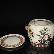 Planter with plate in Asian porcelain, “Landscape,” 20th century