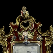 Baroque-style table mirror in bronze and porcelain, 19th century