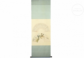 Chinese fan painting “Ducks Among Lotus Flowers,” signed Liu Kuiling