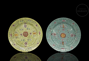 Pair of enamelled plates ‘Lotus and bats’, 20th century