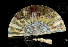 Abanico de papel y nacar con monograma. s.XIX