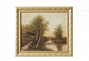 20th-century French school ‘Houses by the Lake’