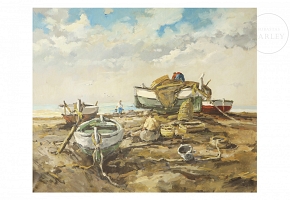 Valencian School, 20th century, “Boats with Fishermen”