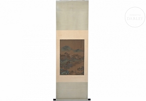 Chinese painting ‘Landscape with horsemen’, signed Wen Boren