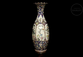 Large polychrome ceramic vase, pink family, ‘Birds and Flowers’, 20th century