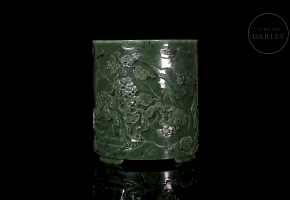 Hetian spinach green jade brush pot ‘Landscape’, Qing dynasty