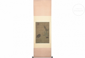 Chinese painting ‘Ox and calf in landscape,’ with Xuande seal