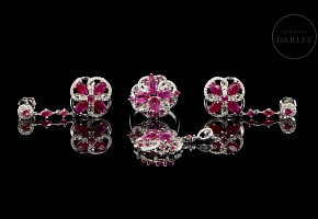 Ring, pendant and earrings set in 18k white gold with rubies and diamonds