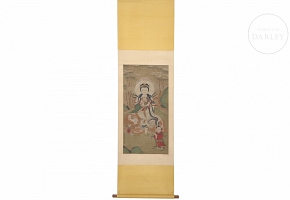 Chinese painting ‘Guanyin on a celestial lion’, signed Jin Liying