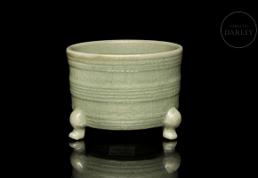 Recipiente trípode de cerámica con vidriado celadón, estilo Ge yao