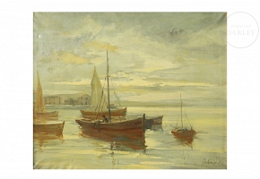 Gino Karoly (20th century) “Marina with fisherman”