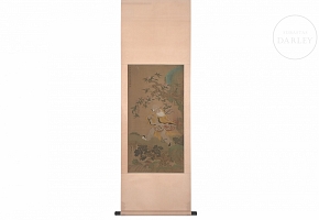 Chinese painting ‘Wise Man Under the Peach Tree’, signed Gu Luo