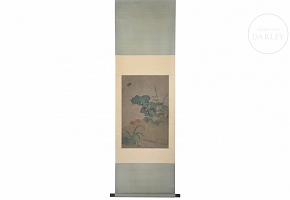 Chinese painting ‘Rock and Flowers with Butterfly’, signed Yu Xi