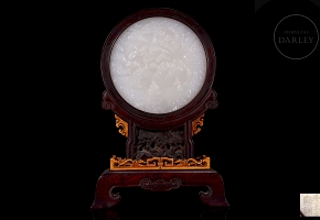 Panel with carved jade plaque ‘Landscape and Poem’, Qing dynasty