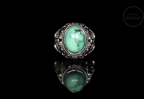 Embossed silver and turquoise ring