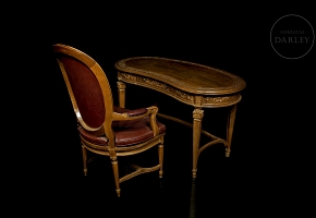 Mesa de despacho riñón con sillón, estilo Luis XVI, s.XX