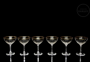 Set of six liqueur glasses with gilded rims, 20th century
