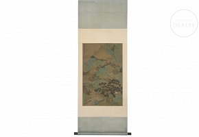 Chinese painting ‘Landscape with Architecture and Bridge’, signed Lu Huancheng