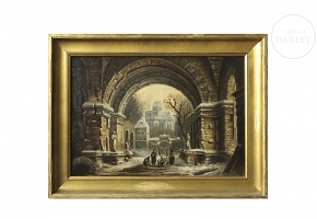 Virginie Viellard (19th-20th century) ‘Monks in the cloister in winter’