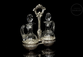 Juego de vinagrera y aceitera de cristal y plata, s.XX