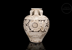Four-handled carved ceramic vessel ‘Flowers’, Cizhou kiln