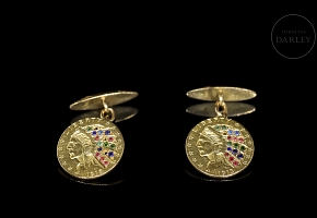 Gemelos de oro de 18 kt con monedas estadounidenses y gemas de colores