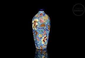 Longwy, hexagonal ceramic vase ‘Flowers’, early 20th century