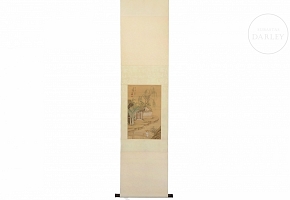 Chinese painting, ‘Scene near a pavilion’, signed Wang Qi
