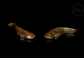 Pair of bronze figures ‘Catfish’, Qing dynasty