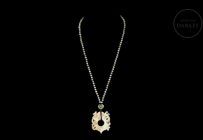 Necklace with carved jade pendant and coloured beads, 20th century