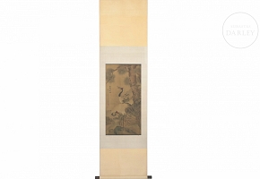 Chinese painting “Longevity, the crane, and the pine tree,” signed Tao Cheng