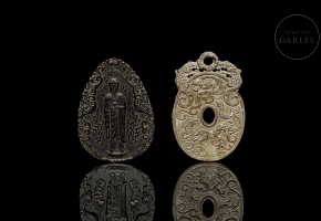 Pair of carved plaques, ‘Deity and Dragons’, 20th century