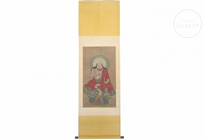 Chinese painting ‘Arhat sitting on a rock’, signed Ding Guanpeng