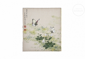 Chinese painting “Butterflies on flowers,” signed Lu Xiaoman