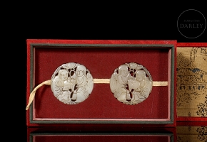 Pair of white jade pendants, ‘Characters with lotus’, Qing dynasty